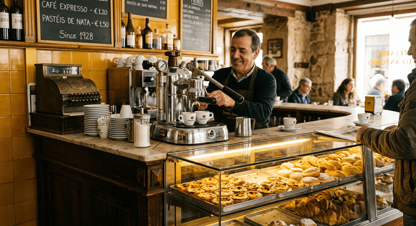 Balcão do café ALHISALSA com café expresso e pastelaria fresca